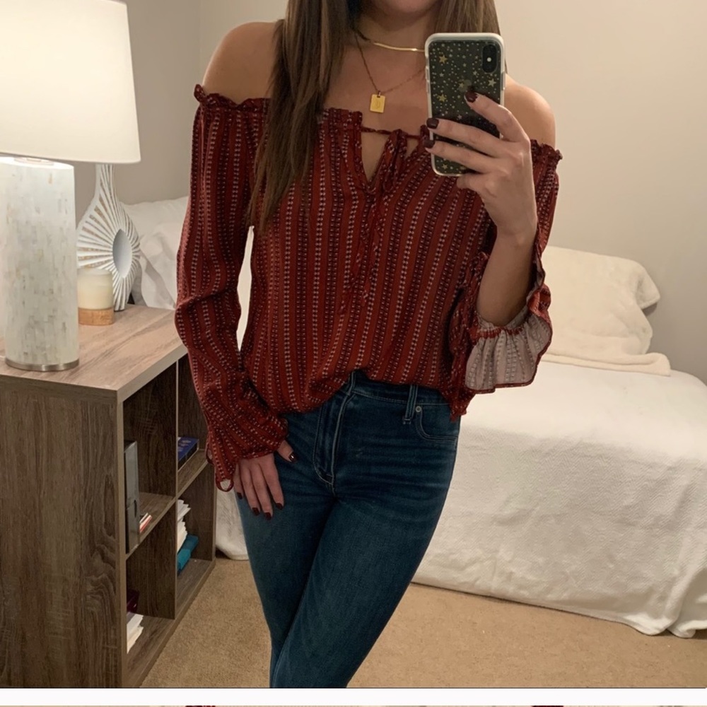 Lulu’s red/orange print off the shoulders blouse